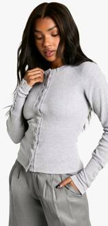 Geribbelde Popper Top Met Getailleerde Taille En Lange Mouwen, Grey Marl - 44