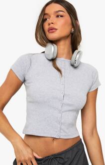 Geribbelde Top Met Doorlopende Knoopsluiting En Capmouwen, Grey Marl - 38