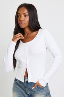 Geribbelde Top Met Doorlopende Knoopsluiting, Ronde Hals En Lange Mouwen, White - 40