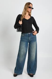 Geribbelde Top Met Doorlopende Knoopsluiting, V-Hals En Lange Mouwen, Black - 42