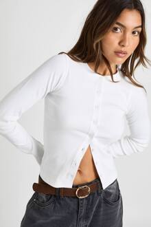 Geribbelde Top Met Doorlopende Knopen En Lange Mouwen, White - 40