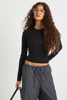 Geribbelde Top Met Ingebouwde Bh En Lange Mouwen, Black - 34