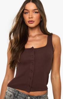 Geribbelde Top Met Knoopdetail En Vierkante Hals, Chocolate - 40