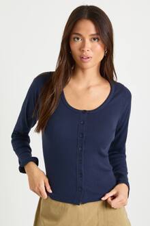 Geribbelde Top Met Knoopdetail, Scoop-Hals En Lange Mouwen, Navy - 38