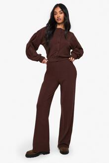 Geribbelde Top Met Knoopdoorloop Barrelmouw En Broek Co-Ord, Chocolate - 38