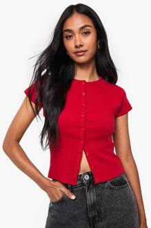 Geribbelde Top Met Knoopdoorloop En Capmouw Top, Red - 42