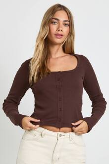 Geribbelde Top Met Knoopdoorloop, Vierkante Hals En Lange Mouwen, Chocolate - 34