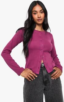 Geribbelde Top Met Knoopsluiting En Lange Mouwen, Berry - 42