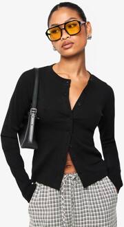 Geribbelde Top Met Knoopsluiting En Lange Mouwen, Black - 42