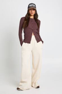 Geribbelde Top Met Knoopsluiting En Lange Mouwen, Chocolate - 44