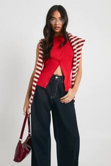 Geribbelde Top Met Knopen Aan De Voorkant En Longline Snit, Red - 44