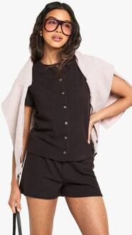 Geribbelde Top Met Korte Mouwen Met Knoopsluiting En Shortset, Chocolate - 42