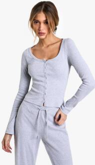 Geribbelde Top Met Popperdetail En Lange Mouwen, Grey Marl - 38