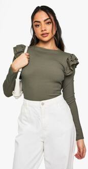 Geribbelde Top Met Ruffle-Schouders En Lange Mouwen, Khaki - 34