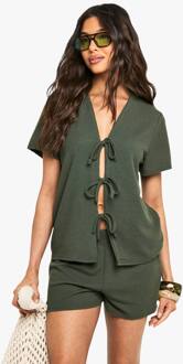 Geribbelde Top Met Strik Aan De Voorkant, Korte Mouwen En Shortset, Khaki - 38