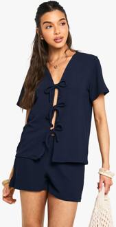 Geribbelde Top Met Strikdetail Aan De Voorkant, Korte Mouwen En Shortset, Navy - 40