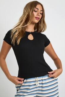 Geribbelde Top Met Strikdetail En Capmouwen, Black - 40