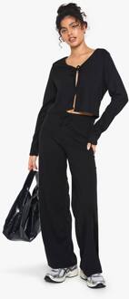 Geribbelde Top Met Tiedetails Aan De Voorkant, Lange Mouwen En Broek Met Rechte Pijpen En Trekkoord Set, Black - 44