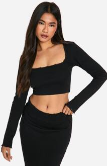 Geribbelde Versleten Ronde Hals Top Met Lange Mouwen, Black - 42