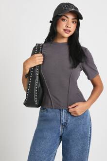 Geribde Getailleerde Top Met Ingesnoerde Taille En Naaddetail, Charcoal - 36