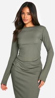 Geribde Ronde Hals Top Met Lange Mouwen En Dip Zoom, Khaki - 36