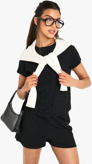 Geribde Top Met Korte Mouwen En Met Knoopdetail En Shortset, Black - 38