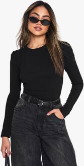 Geribde Top Met Pofmouwen En Lange Mouwen, Black - 38