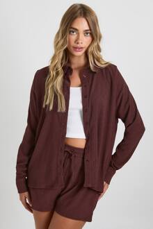 Gerimpeld Overhemd Met Doorknopen & Korte Broek Set, Chocolate - 36