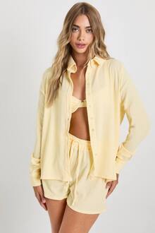 Gerimpeld Overhemd Met Knoop-Door Constructie & Bijpassende Korte Broek Set, Lemon - 34