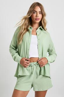 Gerimpeld Overhemd Met Knoopdoorloop & Korte Broek Set, Mint - 34