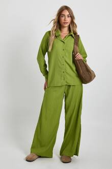 Gerimpeld Oversized Overhemd & Broeken Met Rechte Pijpen, Khaki - 36