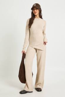 Gerimpeld Taille Detail Gebreide Trui En Broek Met Wijde Pijpen Co-Ord, Stone - XL