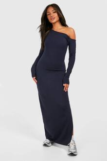 Gerimpelde Bardot Maxi Jurk Met Lange Mouwen In Modal, Navy - 44