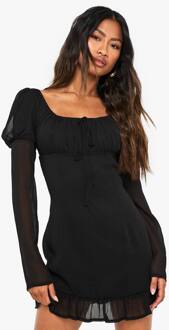 Gerimpelde Chiffon Mini-Jurk Met Lange Mouwen, Black - 40