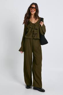 Gerimpelde Getextureerde Blouse & Wijde Pijpen Broekset, Olive - 40