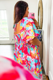 Gerimpelde Maxijurk Kleurvolle Print Stoffig Roze