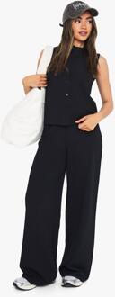 Gerimpelde Rib Mouwloze Top Met Volledige Knoopsluiting En Broekset, Black - 36