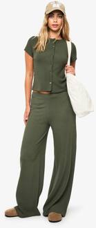 Gerimpelde Rib Top Met Capmouwen En Bijpassende Broekset Met Knoopdoorloop, Khaki - 42