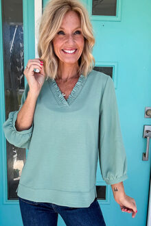 Gerimpelde V-hals 3/4 Mouwen Top Salie Groen