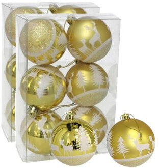 Gerimport 12x stuks gedecoreerde kerstballen goud kunststof 6 cm - Kerstbal Goudkleurig