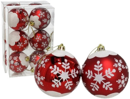 Gerimport 12x stuks gedecoreerde kerstballen rood kunststof 6 cm - Kerstbal