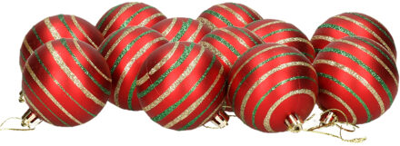 Gerimport 12x stuks gedecoreerde kerstballen rood kunststof 6 cm - Kerstbal