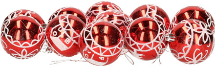 Gerimport 12x stuks gedecoreerde kerstballen rood kunststof 6 cm - Kerstbal