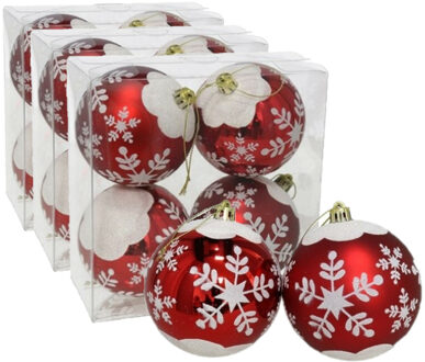 Gerimport 12x stuks gedecoreerde kerstballen rood kunststof 8 cm