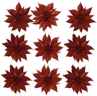 Gerimport 12x stuks glitter decoratie bloemen op clip rood 9.5 cm - Kunstbloemen