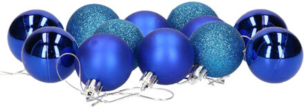 Gerimport 12x stuks kerstballen blauw mix van mat/glans/glitter kunststof 4 cm - Kerstbal