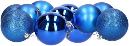 Gerimport 12x stuks kerstballen blauw mix van mat/glans/glitter kunststof 8 cm - Kerstbal