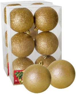 Gerimport 12x stuks kerstballen goud glitters kunststof 8 cm - Kerstbal Goudkleurig