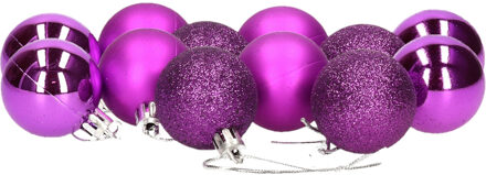 Gerimport 12x stuks kerstballen paars mix van mat/glans/glitter kunststof 4 cm - Kerstbal