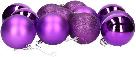 Gerimport 12x stuks kerstballen paars mix van mat/glans/glitter kunststof 8 cm - Kerstbal